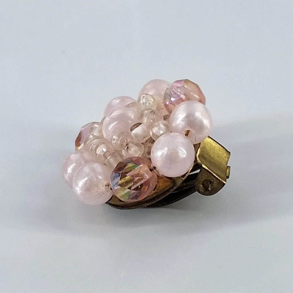 Vintage West Germany Pink Faux Pearl & AB Crystal Cluster Clip On‎ Earrings